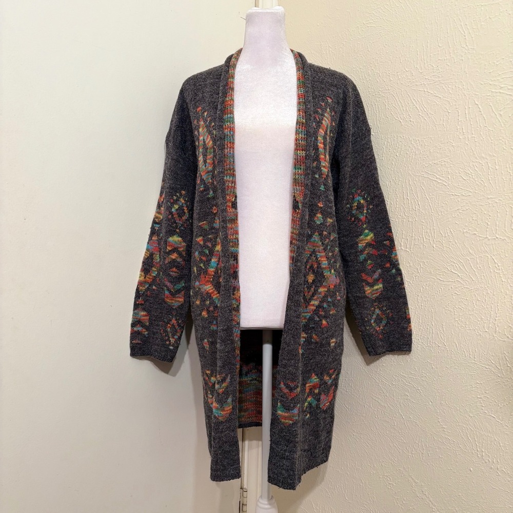 Gray Rainbow Space Dye Aztec Southwestern Knit Long Cardigan Boho Hippie Cozy S